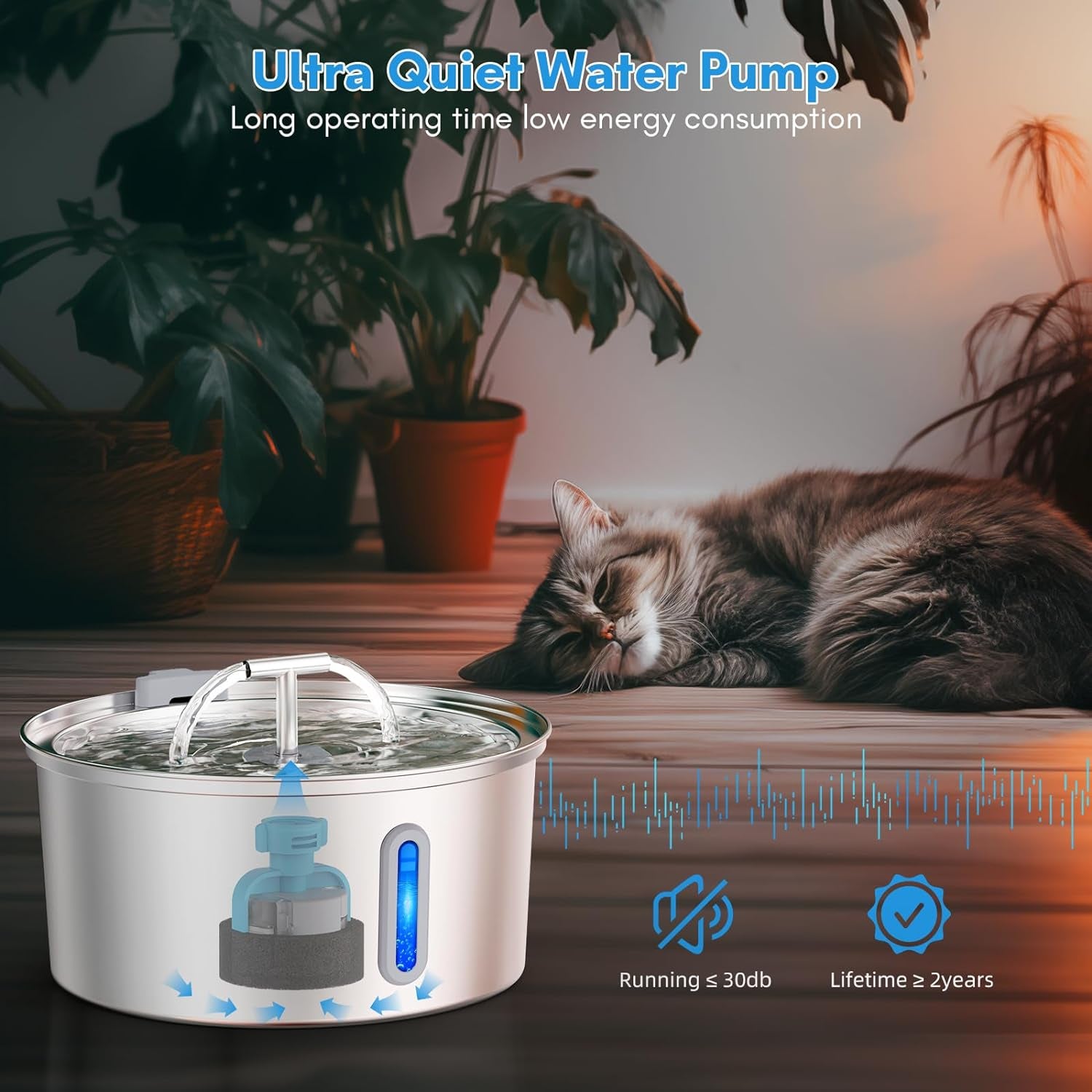 Cat Water Fountain,  108Oz/3.2L Cat Fountain, Automatic Dog Water Dispenser with LED Light and Circulating Filtration System for Cats, Dogs, Multiple Pets