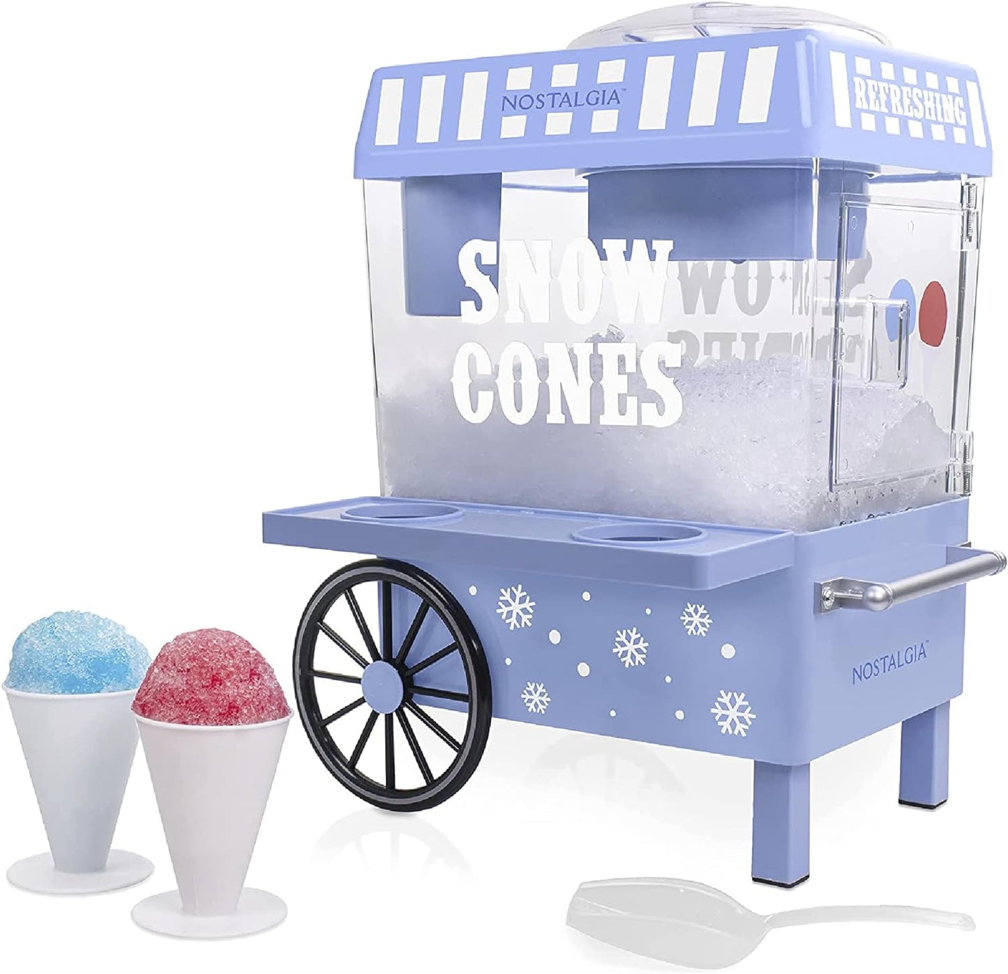 Snow Cone Shaved Ice Machine - Retro Table-Top Slushie Machine Makes 20 Icy Treats - Includes 2 Reusable Plastic Cups & Ice Scoop - Blue