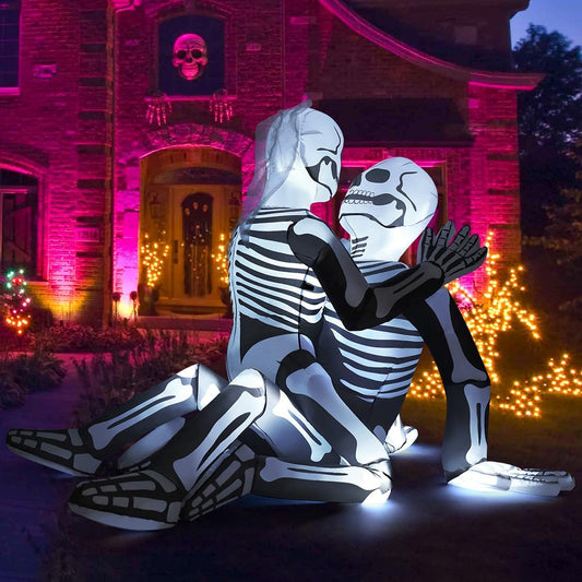 6.5 FT Long Halloween Inflatables Skeleton Outdoor Decorations Blow up Yard Cuddling Couple Lovers with Built-In Leds for Garden Lawn Indoor Party Decor