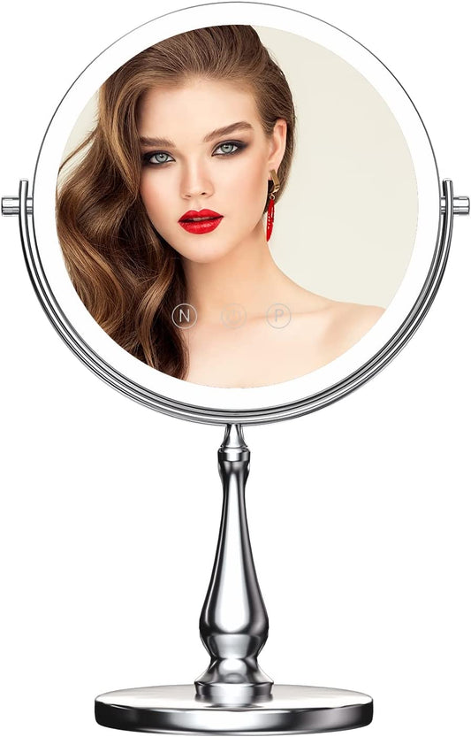9" Large Lighted Makeup Mirror, 1X/10X Magnifying Vanity Mirror with 3 Colors Dimmable Lightning, 80 LED Lights, 360°Rotation Double Sided Standing Desk Mirror