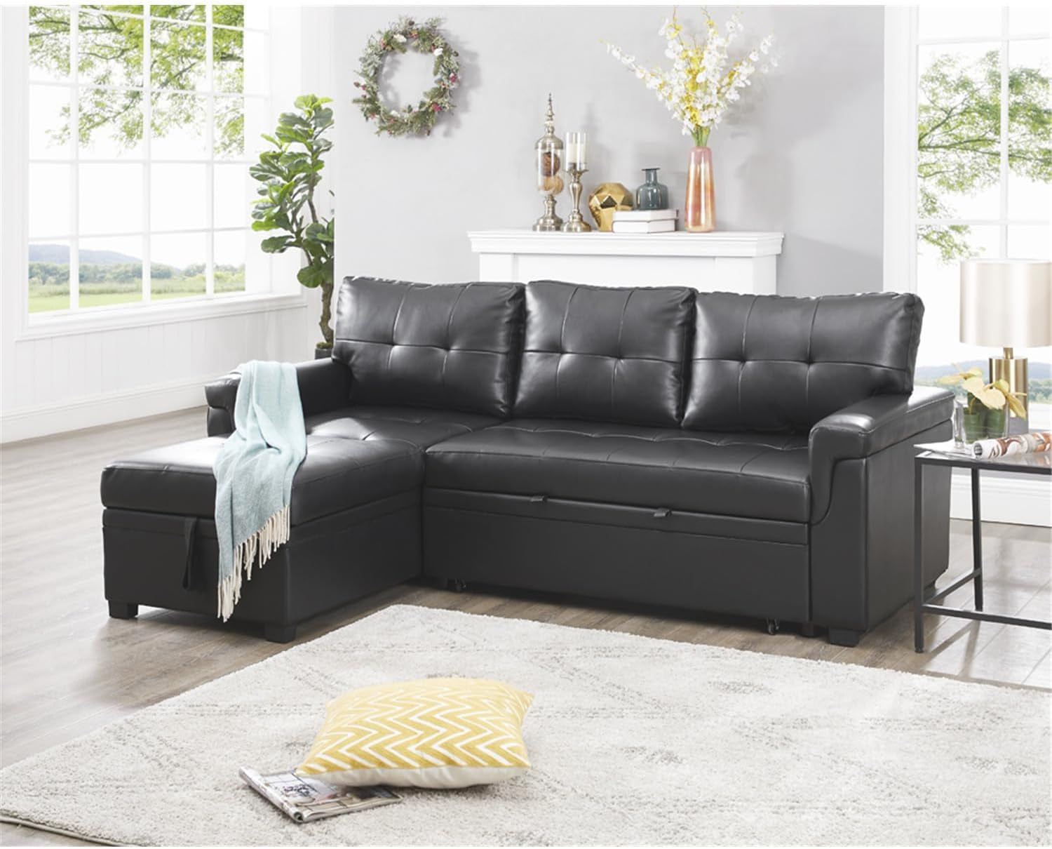 Transform Any Space: Sleeper Sectional Sofa with Convertible Sofa Bed & Inviting Chaise. Find Tranquil Comfort with Stress-Relieving Design & Durable Cushions - Black/Air Leather