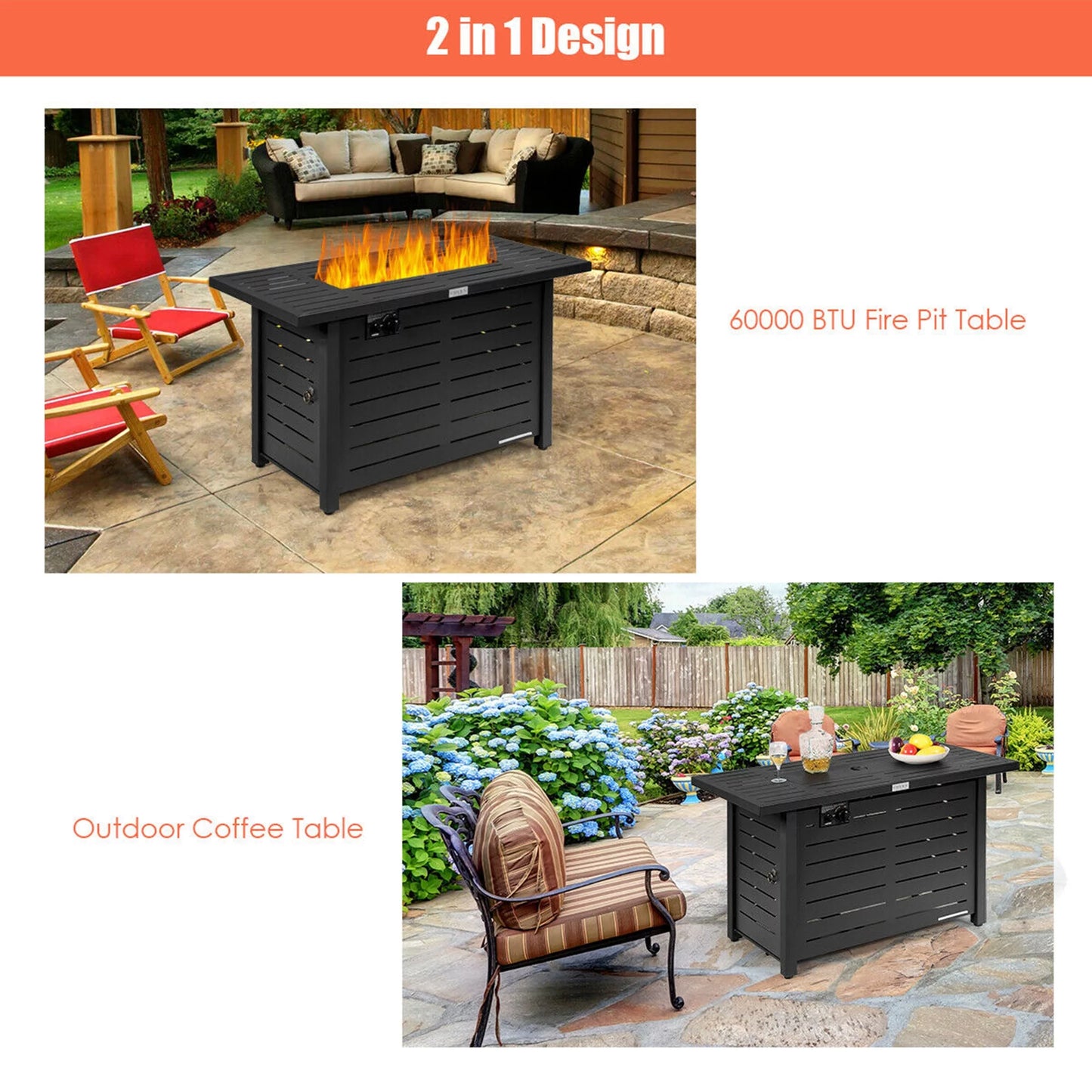 42'' Rectangular Propane Gas Fire Pit 60,000 Btu Heater Outdoor Table W/ Cover - Design By Technique