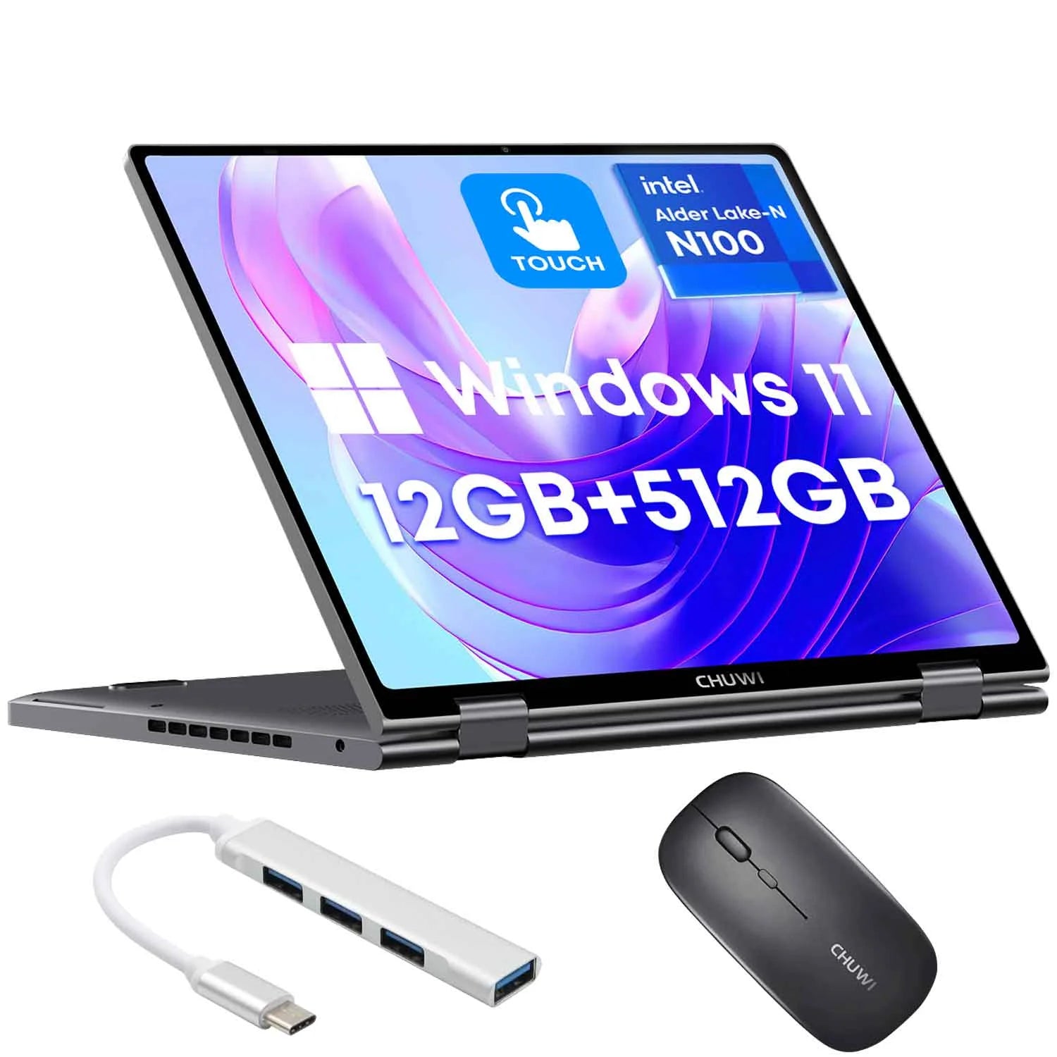 Minibook X 10.51" 360° Touchscreen Laptop 512GB SSD 12GB Ram,12Th Gen Intel Alder Lake N100(Up to 3.4Ghz),Windows 11,2 in 1 Tablet Notebook Computer,1Tb SSD Expand+Mouse+Hub