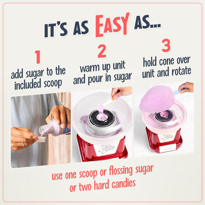 Cotton Candy Machine - Retro Cotton Candy Machine for Kids with 2 Reusable Cones, 1 Sugar Scoop, and 1 Extractor Head – Red