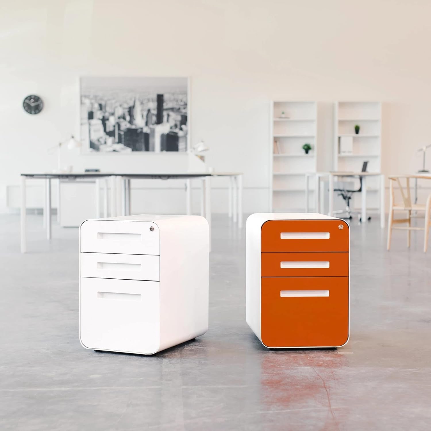 Stockpile 3 Drawer File Cabinet with Lock - under Office Desk Metal Filing Cabinet, Legal/Letter File Folders, Wheels and Stationary Feet, Pre-Assembled, White/Wood - Design By Technique