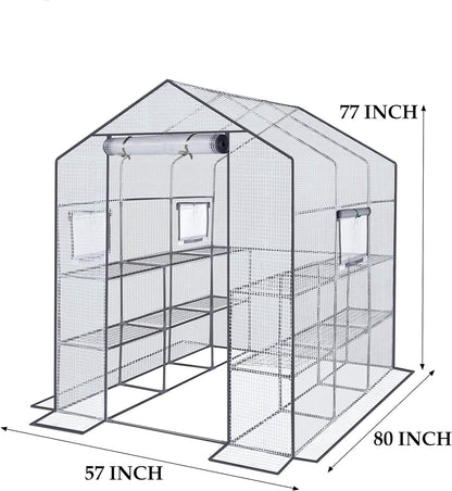 Reinforced Walk-In Greenhouse with Window,Plant Gardening Green House 2 Tiers and 12 Shelves,L57 X W80 X H77