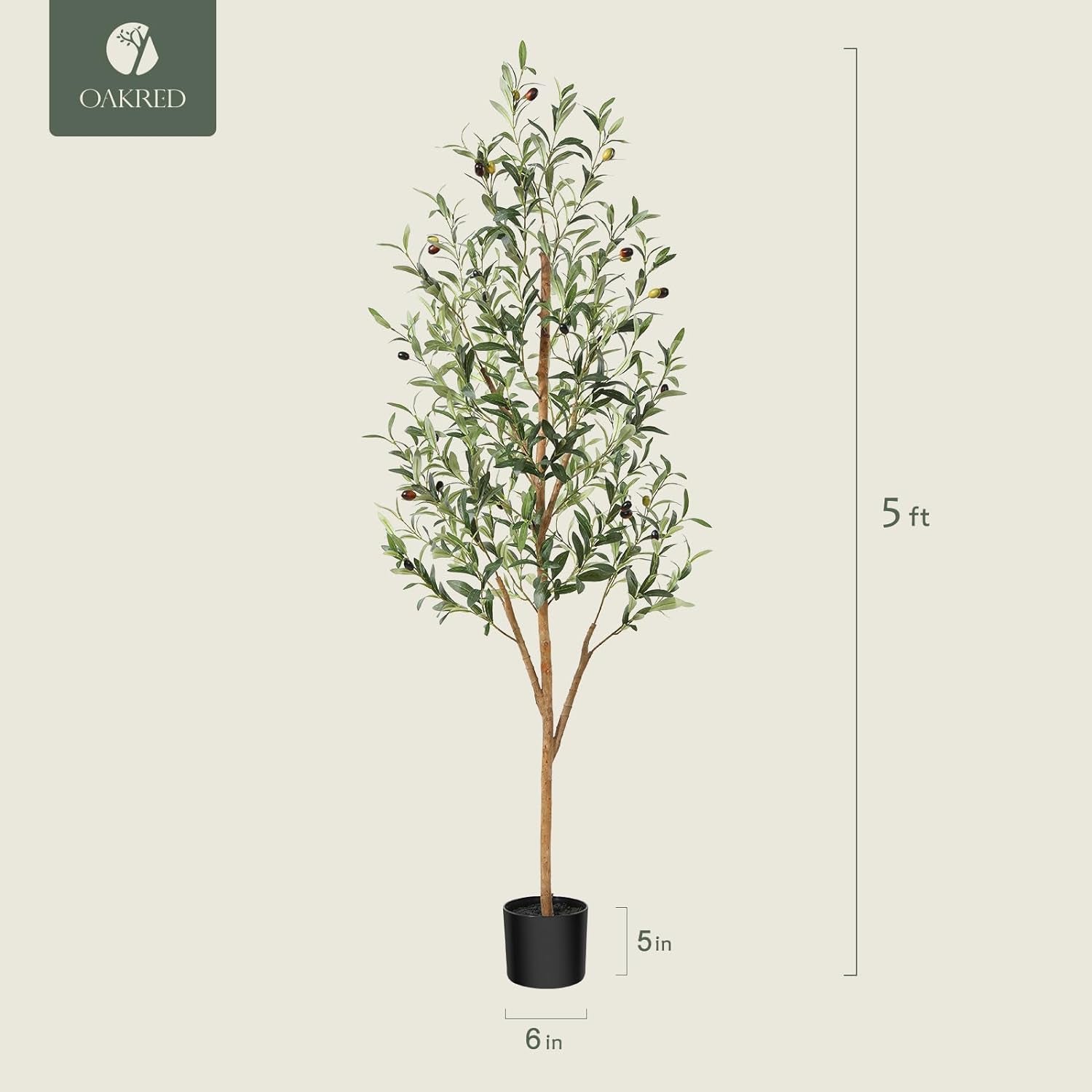 Artificial Olive Tree 5Ft, Lush Faux Olive Tree for Indoor with Natural Wood Trunk and Lifelike Fruits, Silk Tall Fake Olive Tree for Home Decor Office Living Room, 1Pcs