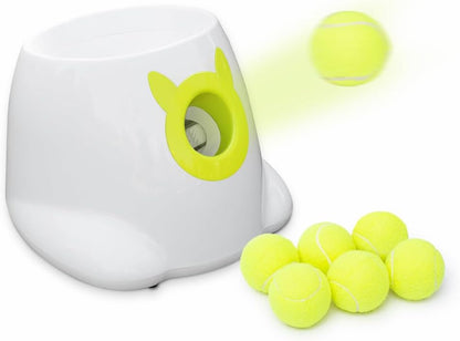 Automatic Ball Launcher, Adjustable Launch Distance, Including 6 Pack Small Sized Balls, Suitable for Small to Medium Sized Dogs (White)