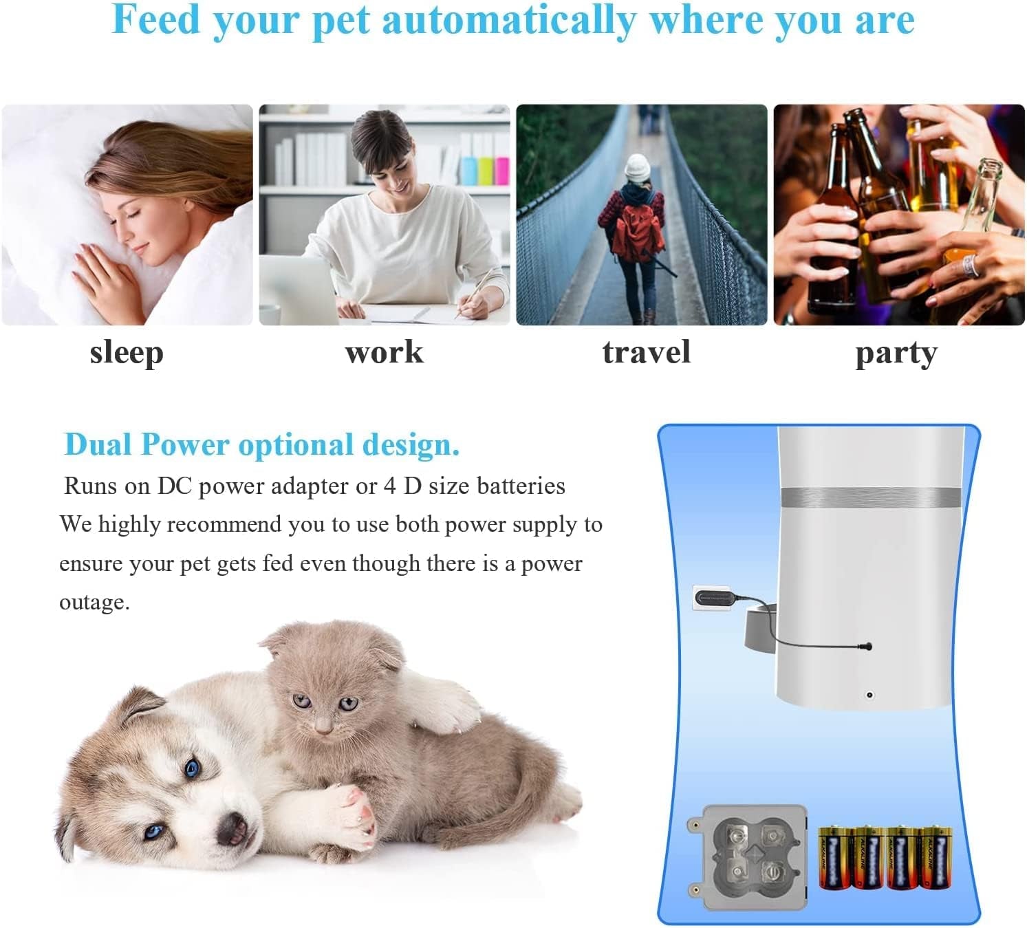 Automatic Cat Feeder,  Pet Feeder Food Dispenser for Cat & Small Dog with Two-Way Splitter and Double Bowls, up to 6 Meals with Portion Control, Voice Recorder - Battery and Plug-In Power