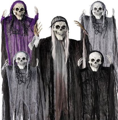 5 Pcs Halloween Hanging Grim Reapers, One 47”, Four 35" Halloween Skeleton Flying Ghosts for Halloween Outdoor Decoration, Haunted Haunted House Prop, Halloween Party Supplies Decor