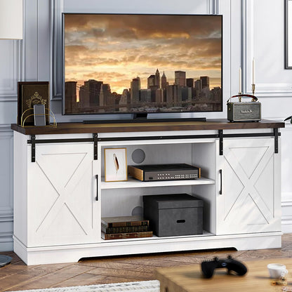 TV Stand Farmhouse Entertainment Center for 65 Inch TV Media Console Cabinet, Gray Barn Doors TV Stand with Storage and Shelves, Modern TV Console Table Furniture (White)