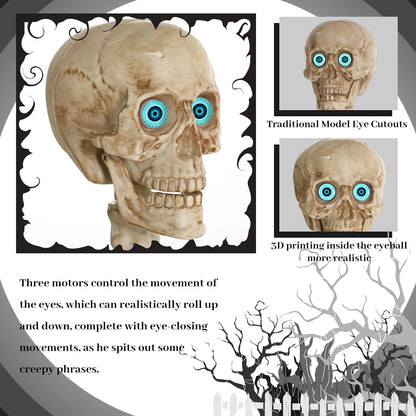 5.3 Ft Halloween Skeleton Decoration Skeleton Grim Animatronic Talking with Creepy Sound Effect, Full Body Posable Human Bones, LED Realistic Glowing Movable Eyeball, for Halloween Party Yard