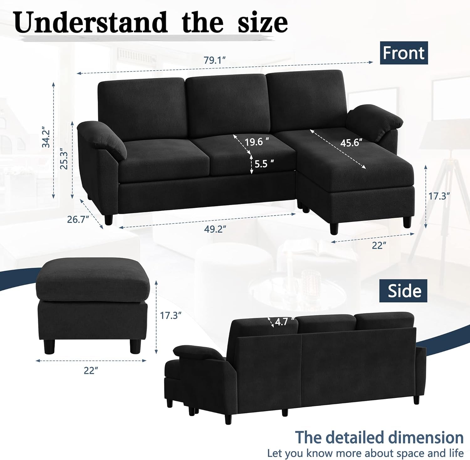 79" Modern Sectional Sofa Couch, Convertible L Shaped Couch with Reversible Ottoman, 3-Seat Sofa Sectional with Removable Armrest for Living Room, Apartment, Small Space, Black