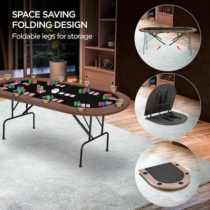 Portable Poker Table Foldable 10 Player Texas Holdem Poker Table with Casino Table Grade Felt Top Cushioned Armrest and 10 Cup Holders for Card Game Gambling Large 84 Inch Oval Folding Poker Table