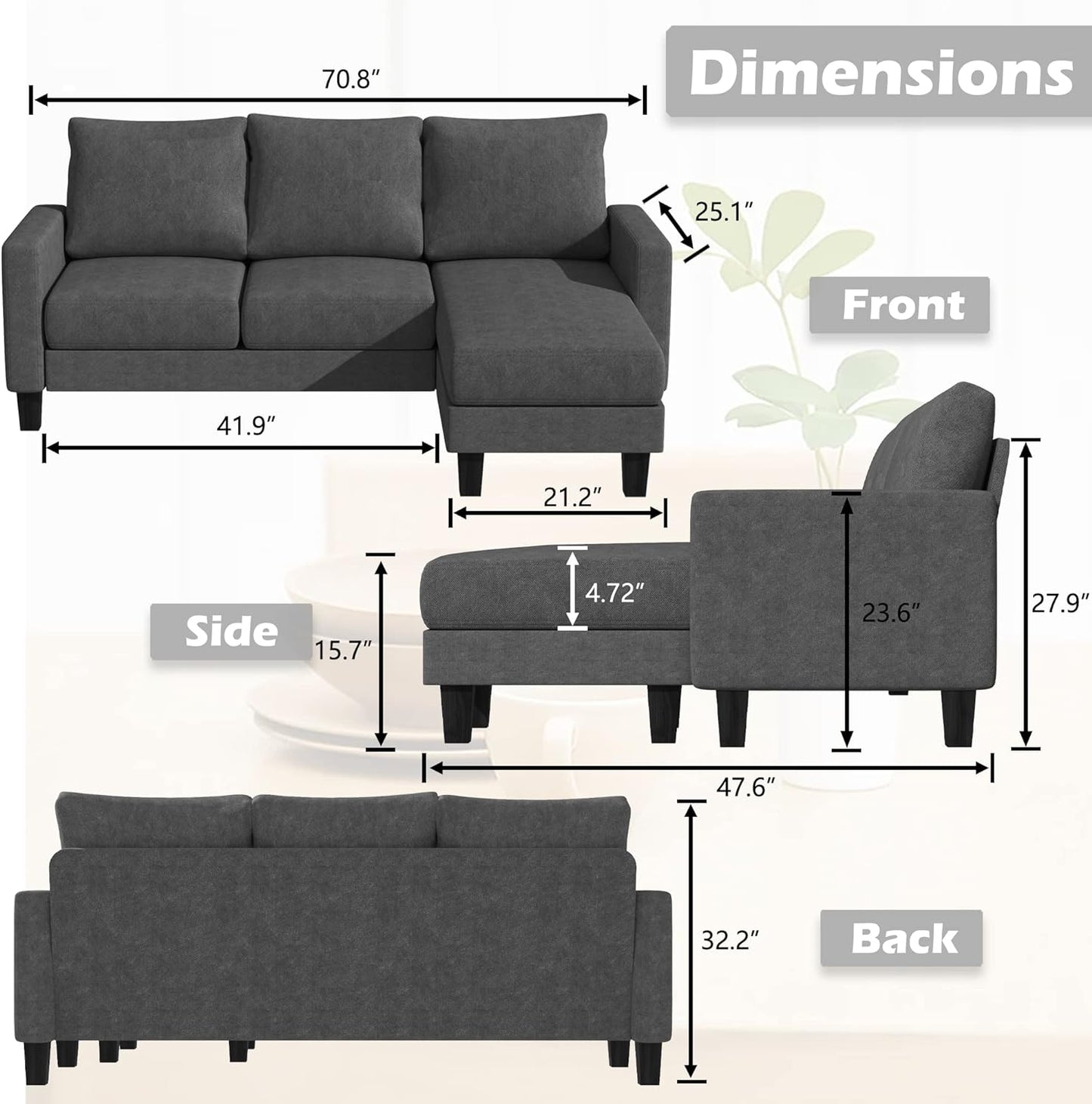 Convertible Sectional 3 L-Shaped Couch Soft Seat with Modern Linen Fabric, Small Space Sofas for Living Room, Apartment and Office, 70'', Charcoal