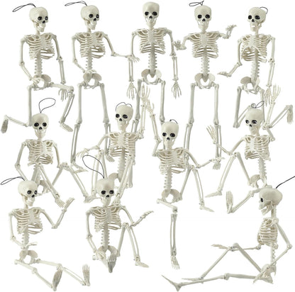 12 Pcs 16” Posable Halloween Skeleton Decoration Full Body Halloween Hanging Skeleton with Movable Joints Plastic Skeleton for Halloween Graveyard Haunted House Decor