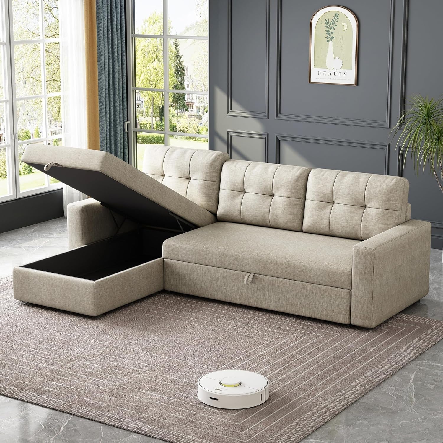 81.5" Sectional Sleeper Sofa with Storage Chaise, L Shaped Pull Out Couch Bed with 3 Removable Back Cushion for Living Room,Apartment,Office, Beige1