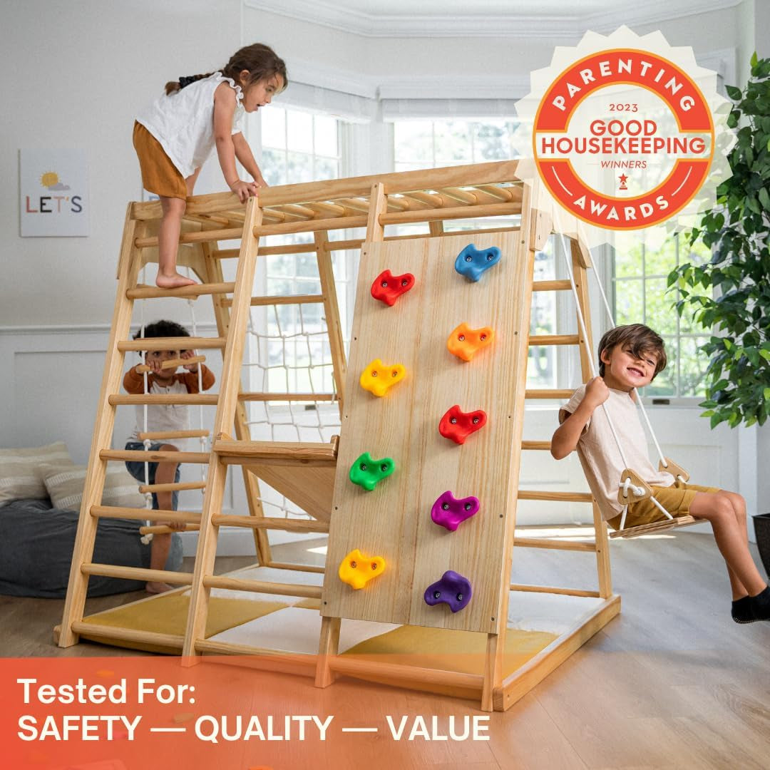 Magnolia Indoor Playground 6-In-1 Jungle Gym Montessori Waldorf Style Wooden Climber Playset Slide, Rock Climbing Wall, Rope Wall Climber, Monkey Bars, Swing for Toddlers, Children Kids 2-6Yrs