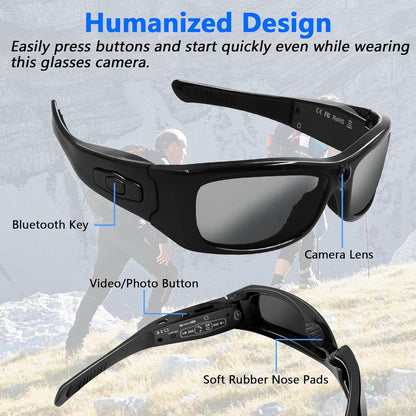 Camera Glasses Video Camera, HD1080P Smart Glasses with Earphone UV400 Polarized Sunglasses, Bluetooth 5.0 Spy Glasses USB Webcam for Traveling & Outdoor Sports