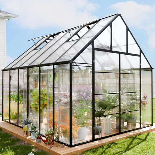 10X12 FT Polycarbonate Greenhouse Kit for Outdoors, Upgraded Heavy Duty Aluminum Walk-In Greenhouse with Quick Setup Structure, Rain Gutter and Vents, Green House for Outside, Garden, Backyard