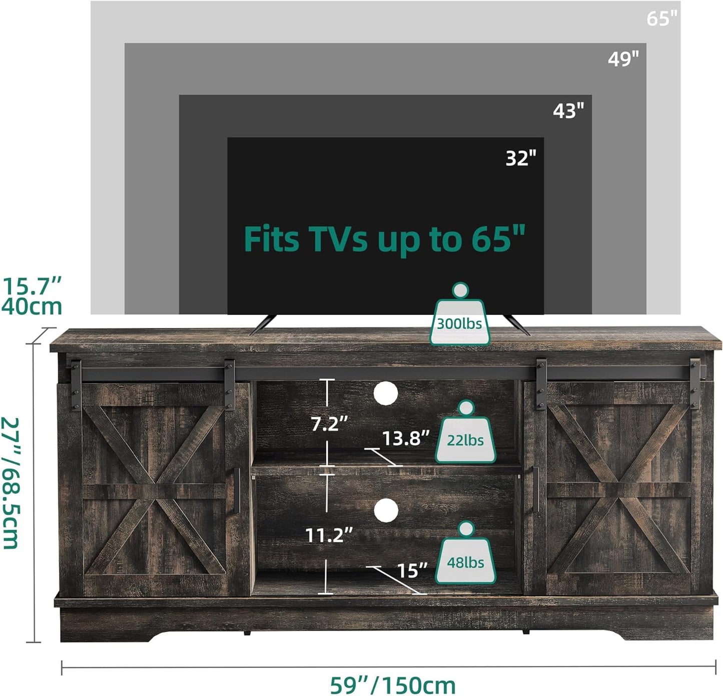 TV Stand for 65 55 Inch TV, Farmhouse Entertainment Center with Storage Cabinet and Sliding Barn Doors, Rustic TV Cabinet Media Console Table for Living Room, Dark Rustic Oak