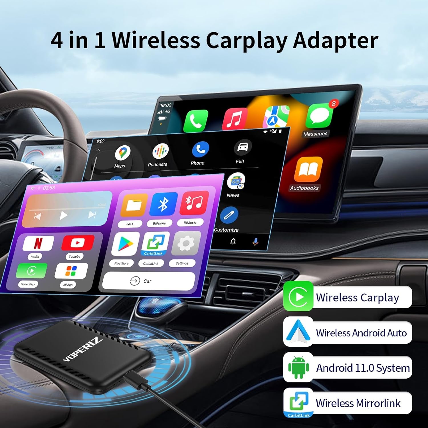 4 in 1 Wireless Carplay Adapter with Netflix/Youtube/Disney/Screen Mirroring, 2024 Newest Magic Box Carplay Ai Box Android Auto Wireless Adapter Stream Media for Wired Carplay Car(2+16Gb)