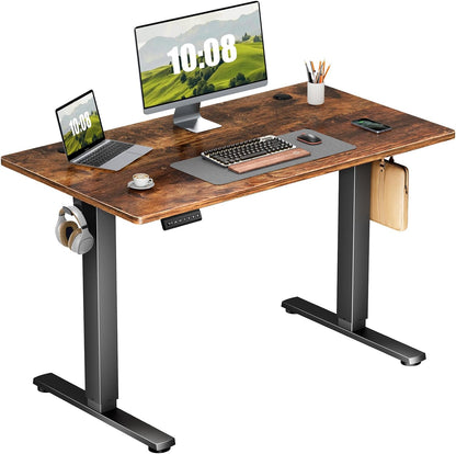 Electric Adjustable Height Standing Desk - 40 X 24 Inch Sit to Stand up Desk with Splice Board, Rising Home Office Computer Table with 2 Hook and Wire Hole for Work