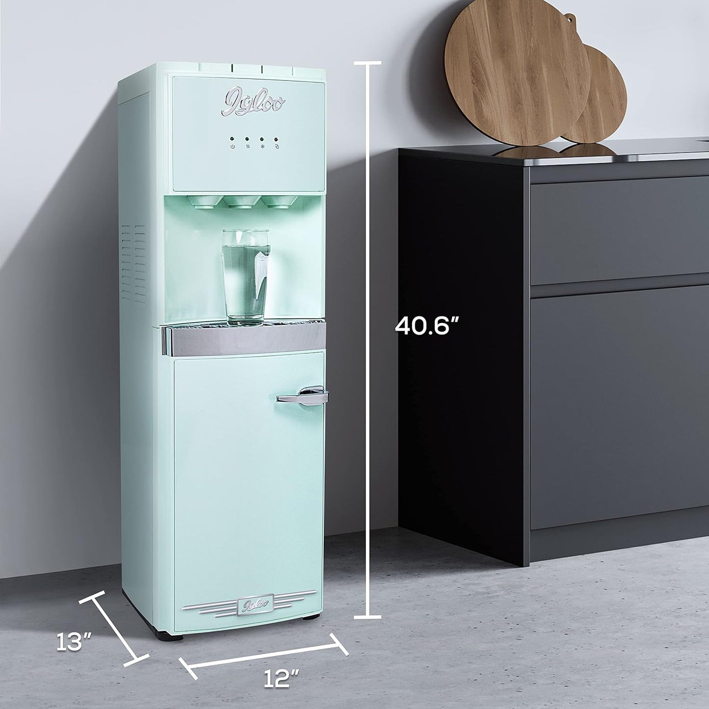 Retro Bottom Load Water Cooler Dispenser, Hot, Cold or Room-Temperature Water, Holds 3 or 5 Gallon Bottles, Child Safety Lock, Perfect for Homes, Kitchens, Dorms, Aqua