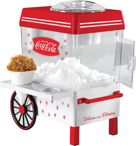 Coca-Cola Snow Cone Shaved Ice Machine - Coke Retro Table-Top Slushie Machine Makes 20 Icy Treats - Includes 2 Reusable Plastic Cups & Ice Scoop - White & Red