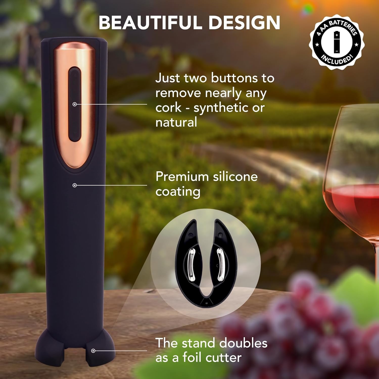 Battery Operated Electric Wine Opener - Includes Stand with Built-In Foil Cutter - Electric Corkscrew Wine Opener - Great Gift for Wine Lovers (Black and Rose Gold)