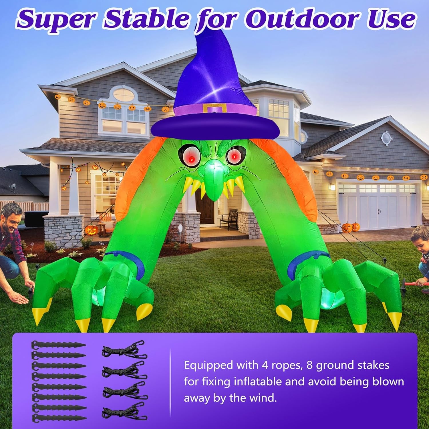 Halloween Inflatables 12FT Green Witch Archway Outdoor Decorations with Glowing Red Eyes, Build-In Leds & Tethers Stakes Halloween Blow Ups Arch for Yard, Indoor, Party, Garden, Lawn Decor