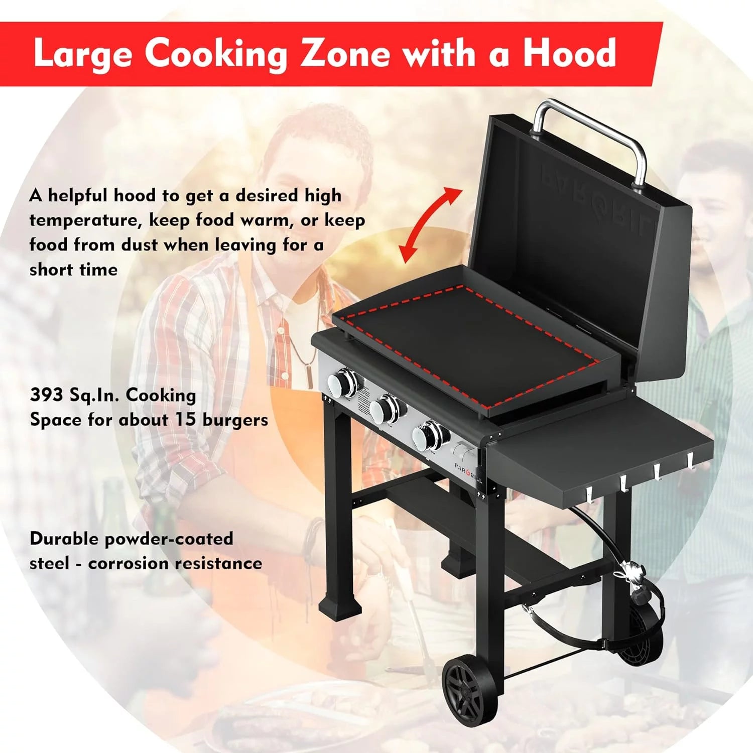 3-Burner 28" Grill Cooking Station,Flat Top Heavy Duty Grill Griddle Station with Gas Hood & Side Shelves for Propane, Barbecue, Kitchen, Outdoor