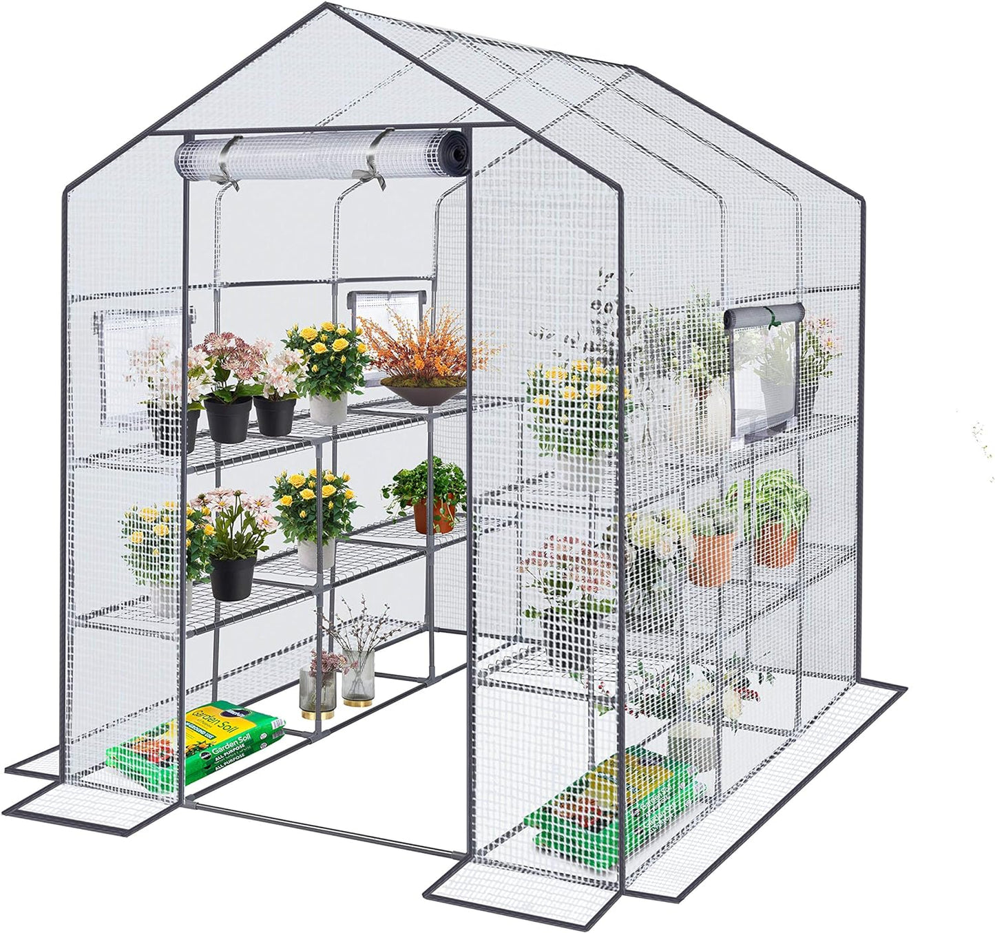 Reinforced Walk-In Greenhouse with Window,Plant Gardening Green House 2 Tiers and 12 Shelves,L57 X W80 X H77
