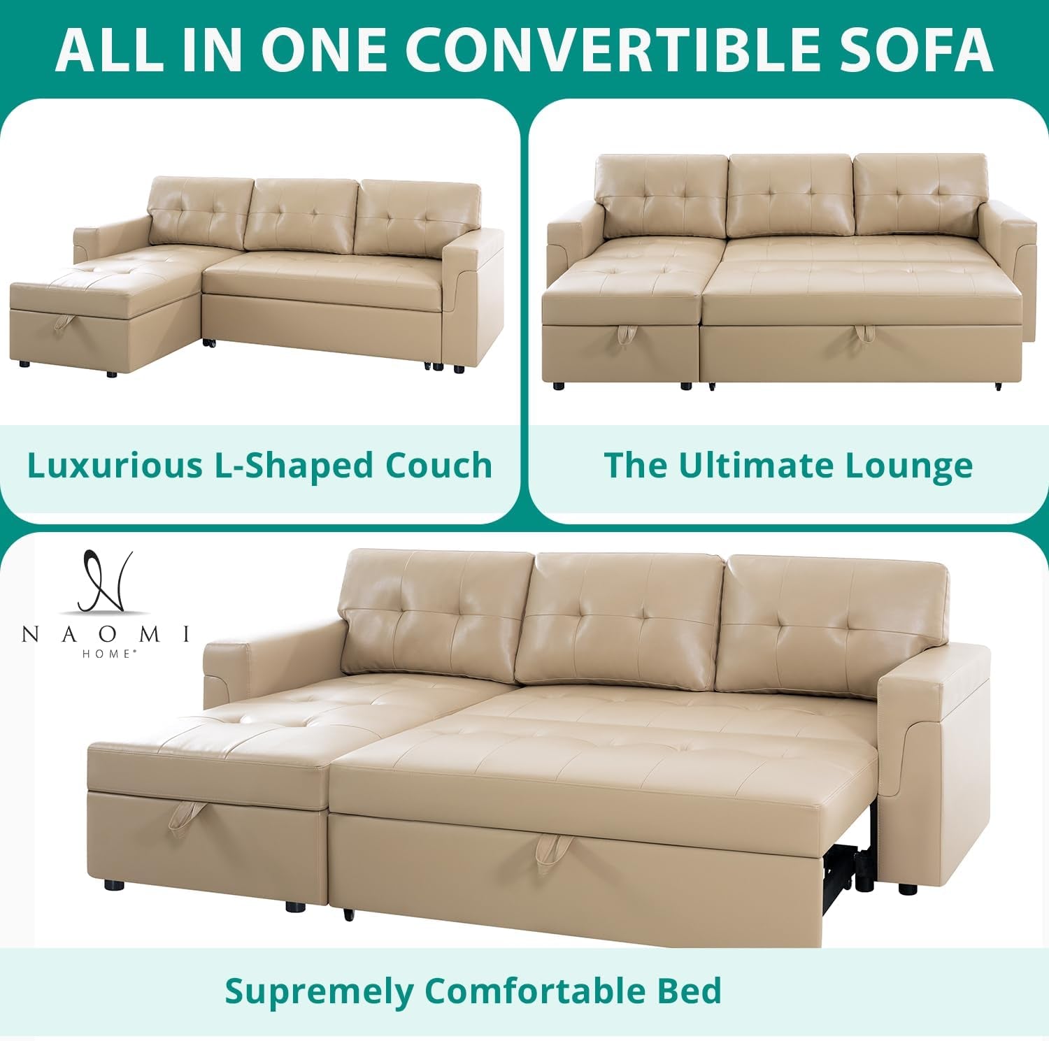 Transform Any Space: Sleeper Sectional Sofa with Convertible Sofa Bed & Inviting Chaise. Find Tranquil Comfort with Stress-Relieving Design & Durable Cushions - Beige/Air Leather