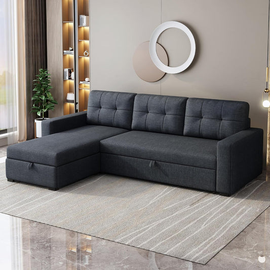 81.5" Sectional Sleeper Sofa with Storage Chaise, L Shaped Pull Out Couch Bed with 3 Removable Back Cushion for Living Room,Apartment,Office, Dark Grey