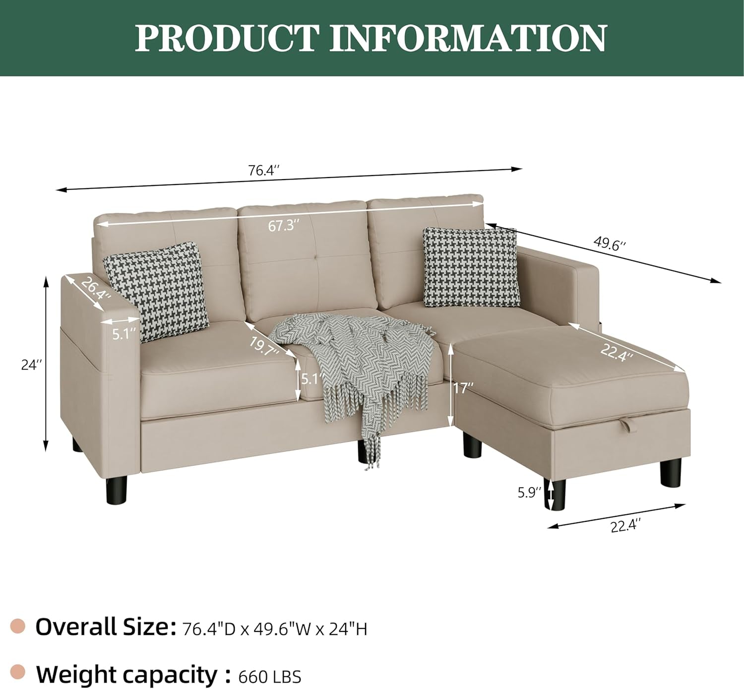 Convertible Sectional Sofas Couches for Living Room, L Shaped Couch with Storage Ottoman, Small Sectional 3 Seater Sofa for Small Spaces, Dark Beige