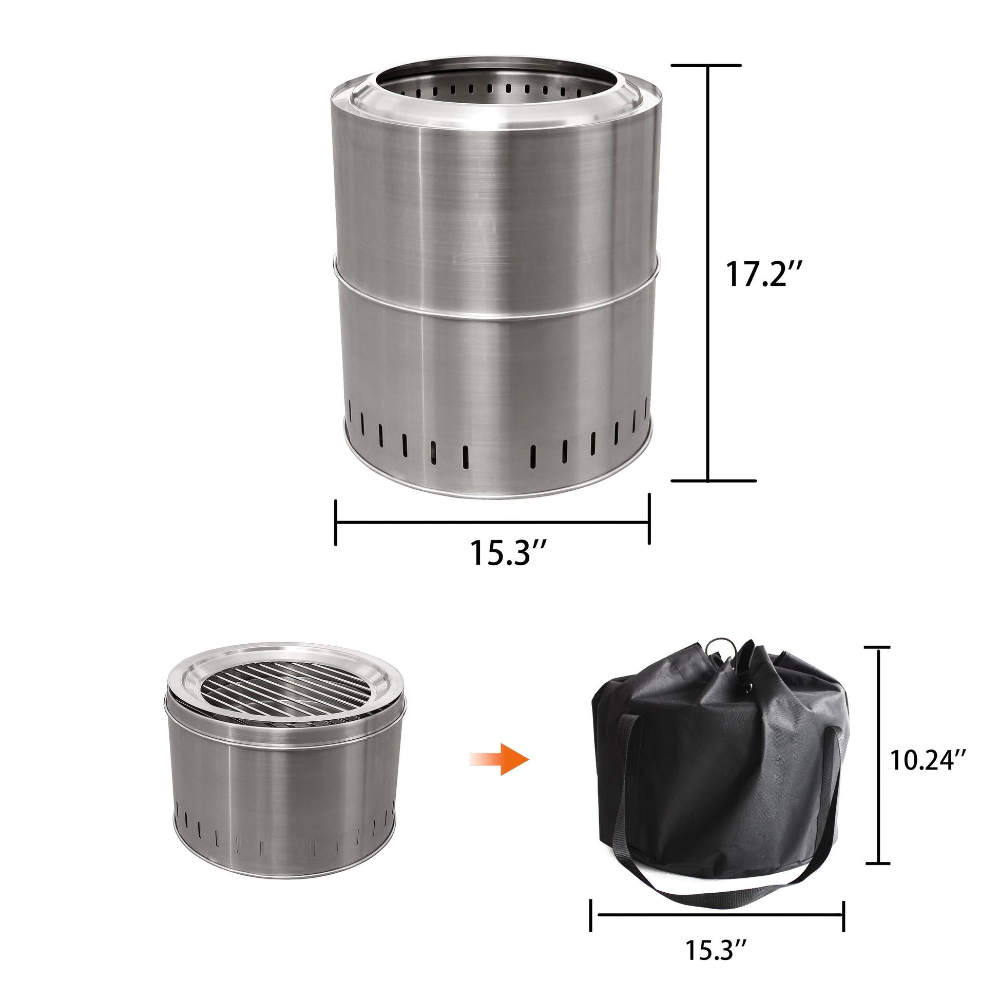 15" Collapsible Stainless Steel Smokeless Wood-Burning Camp Fire Pit with Carry Bag - Design By Technique