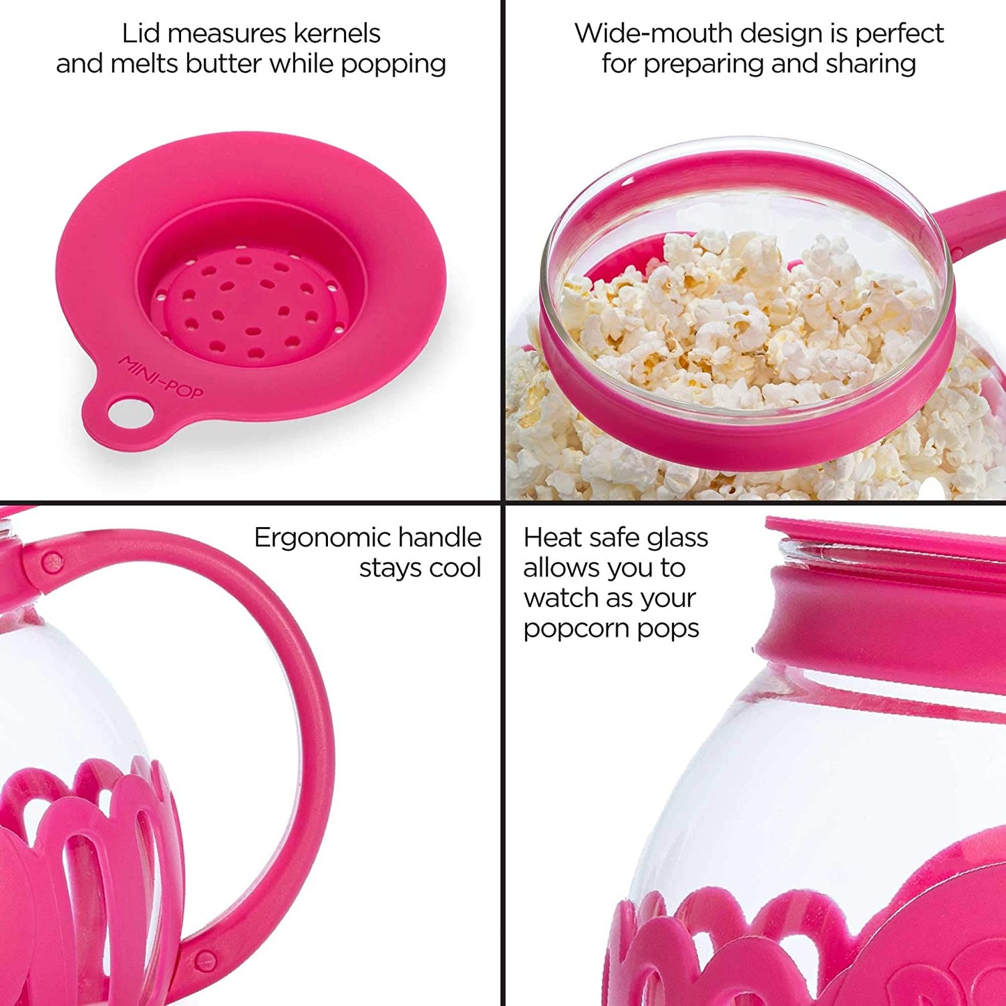 Patented Micro-Pop Microwave Popcorn Popper with Temperature Safe Glass, 3-In-1 Lid Measures Kernels and Melts Butter, Made without BPA, Dishwasher Safe, 3-Quart, Pink