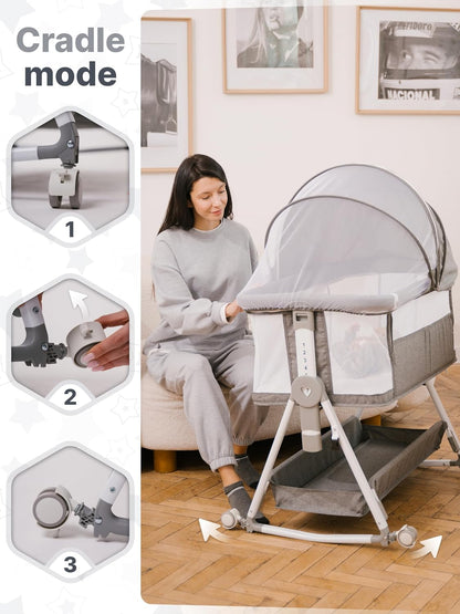 Baby Bassinet Bedside Sleeper with Rocking - All Mesh Portable Bedside Crib for Safe Co-Sleeping, Storage Basket and Wheels, Adjustable Height, Includes Travel Bag, Mosquito Net - Design By Technique