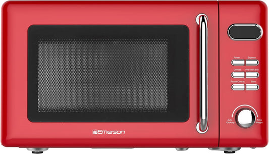 MWR7020RD Compact Countertop Microwave Oven with Button Control, LED Display, 700W 5 Power Levels, 8 Auto Menus, Glass Turntable and Child Safe Lock, 0.7, Retro Red