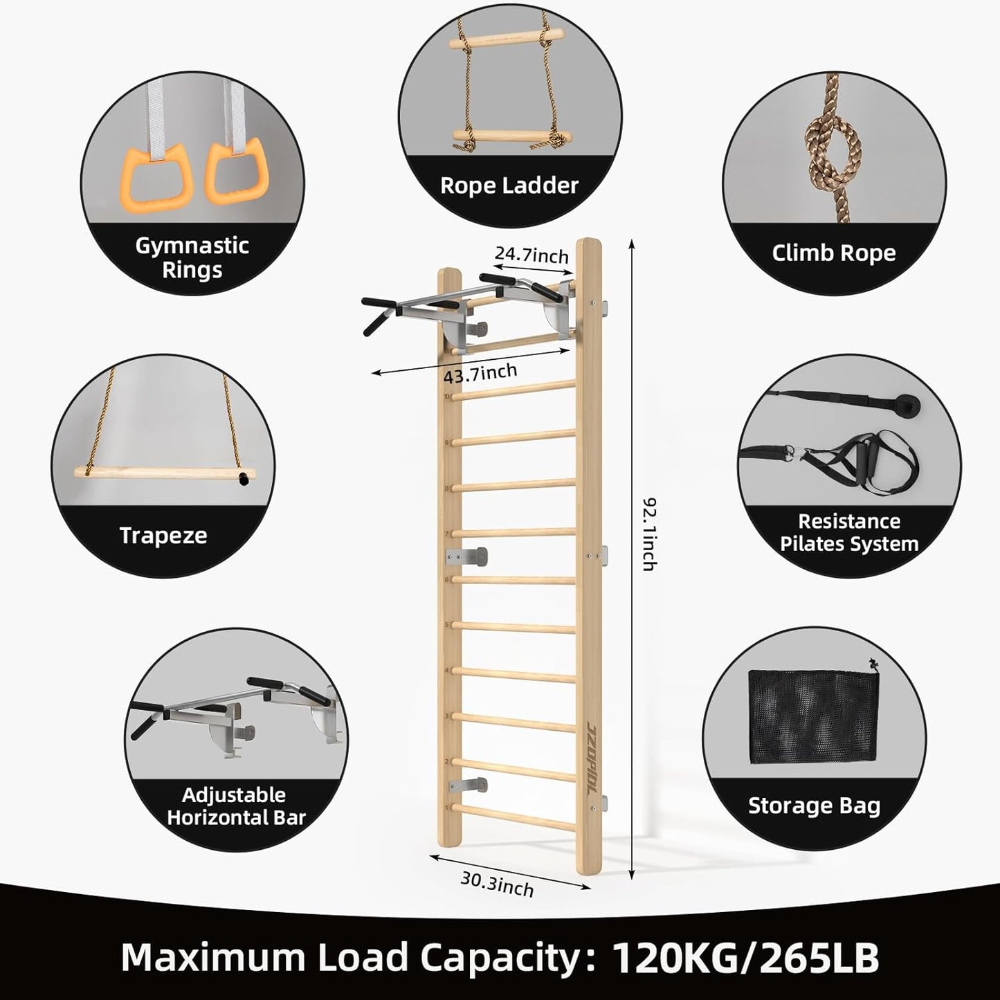 Swedish Ladder Wood Stall Bar - Wall Bars for Kids & Adults, Resistance Pilates System - Indoor Chin up Bar Workout Equipment for Home Exercise，Physical Therapy & Gymnastics