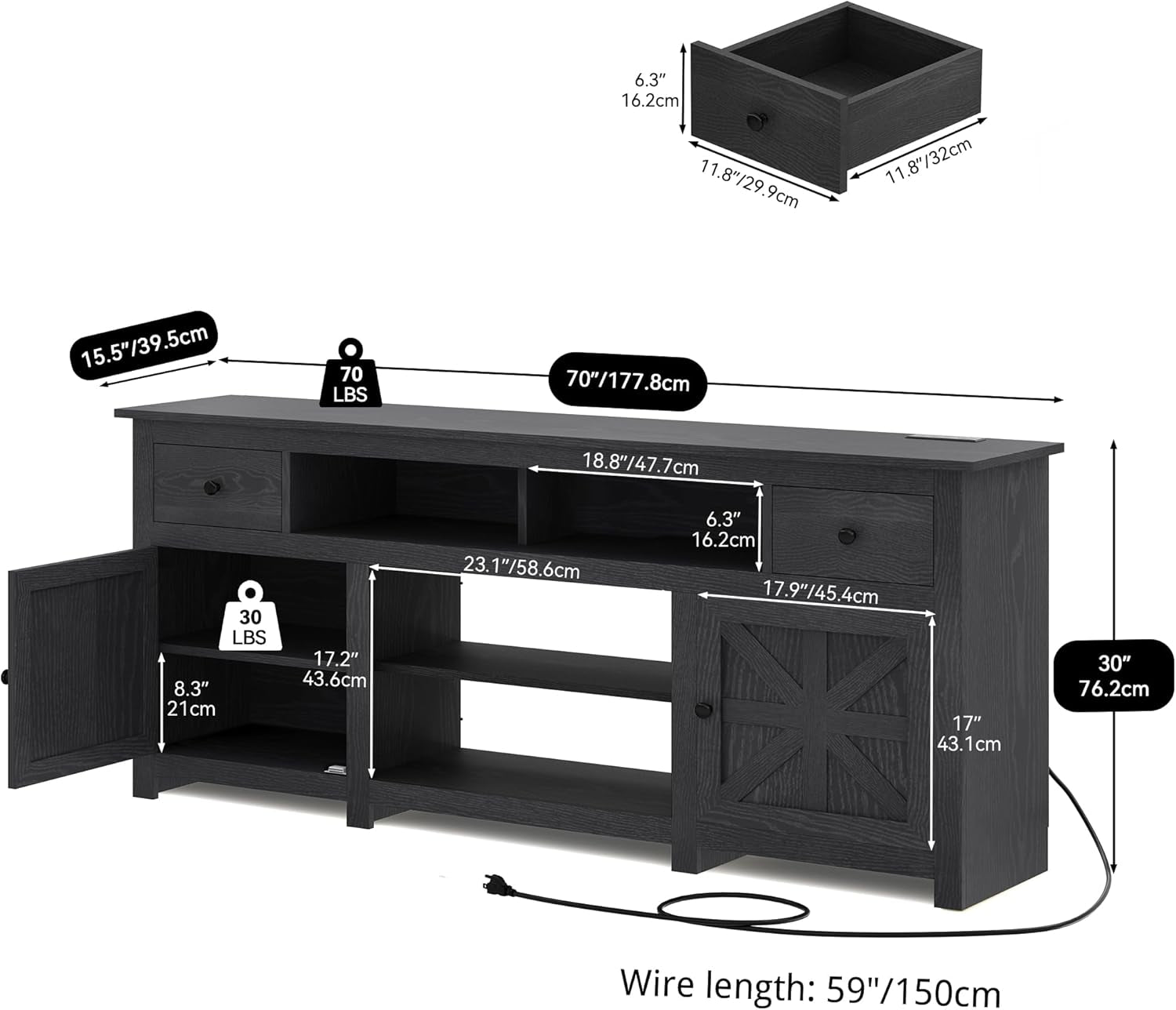 Farmhouse TV Stand, Entertainment Center with Power Outlet for Tvs up to 80 Inch, TV Console with Storage Drawer & Movable Partition, Rustic TV Stand for Living Room, 70" Black