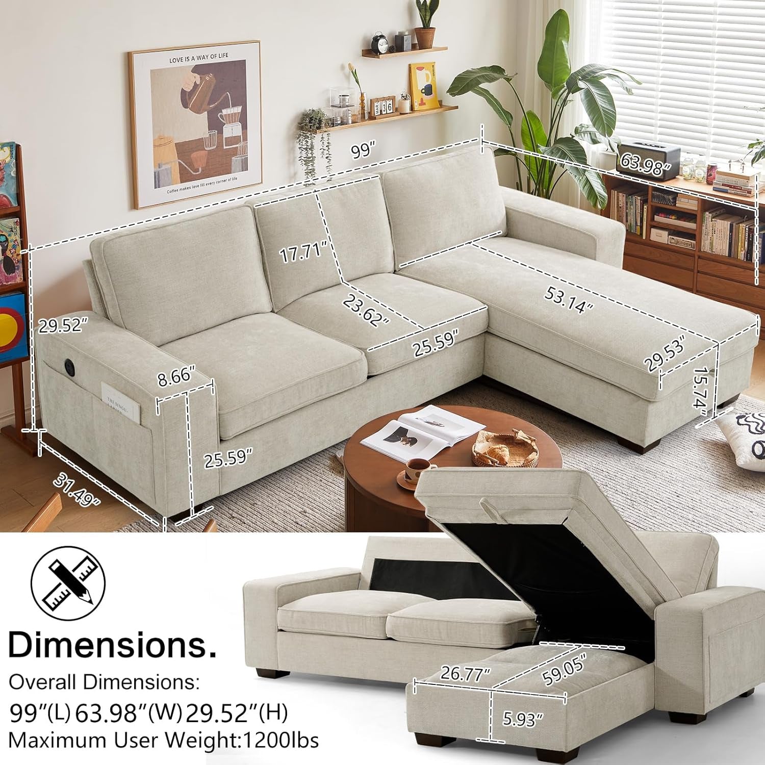 99“ Convertible Sectional Sofa,L Shaped Couch,Multi-Functional Reversible Sofa with USB and Type-C Charging Ports, Storage Space, Breathable Fabric (Beige)