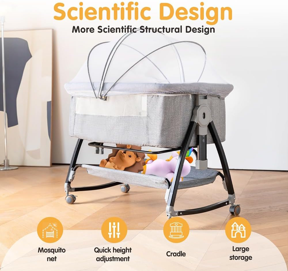 Bedside Crib, 3 in 1 Bassinet with Quick Height Adjustment and Mosquito Nets, Easy to Fold,Baby Cradle, Portable beside Bassinet with Golden Triangle Structure, CPSC Certification,Baby Valances - Design By Technique