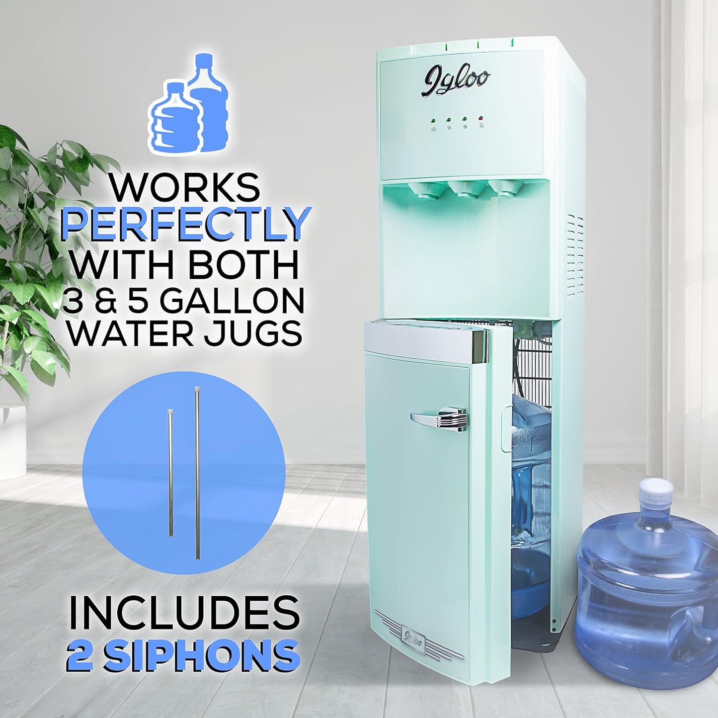 Retro Bottom Load Water Cooler Dispenser, Hot, Cold or Room-Temperature Water, Holds 3 or 5 Gallon Bottles, Child Safety Lock, Perfect for Homes, Kitchens, Dorms, Aqua