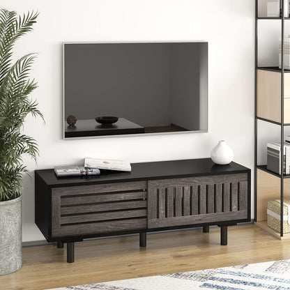 Mid-Century Modern TV Stand, Glossy Black TV Console with Sliding Doors,Tv Console with Large Storage, Entertainment Center with Sturdy Solid Wood Legs, Living Room&Bedroom, Gray&Black