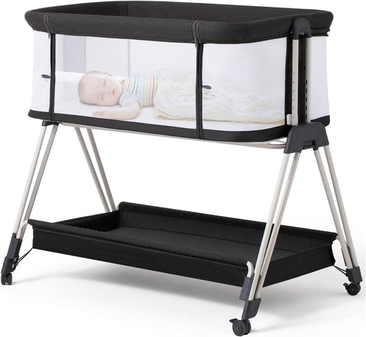 Baby Bassinet Bedside Sleeper with Wheels and Storage Tray,4-Sided Mesh Bedside Bassinet Co Sleeper for Infant/Newborn,7 Height Adjustable Easy Folding Bedside Crib - Design By Technique