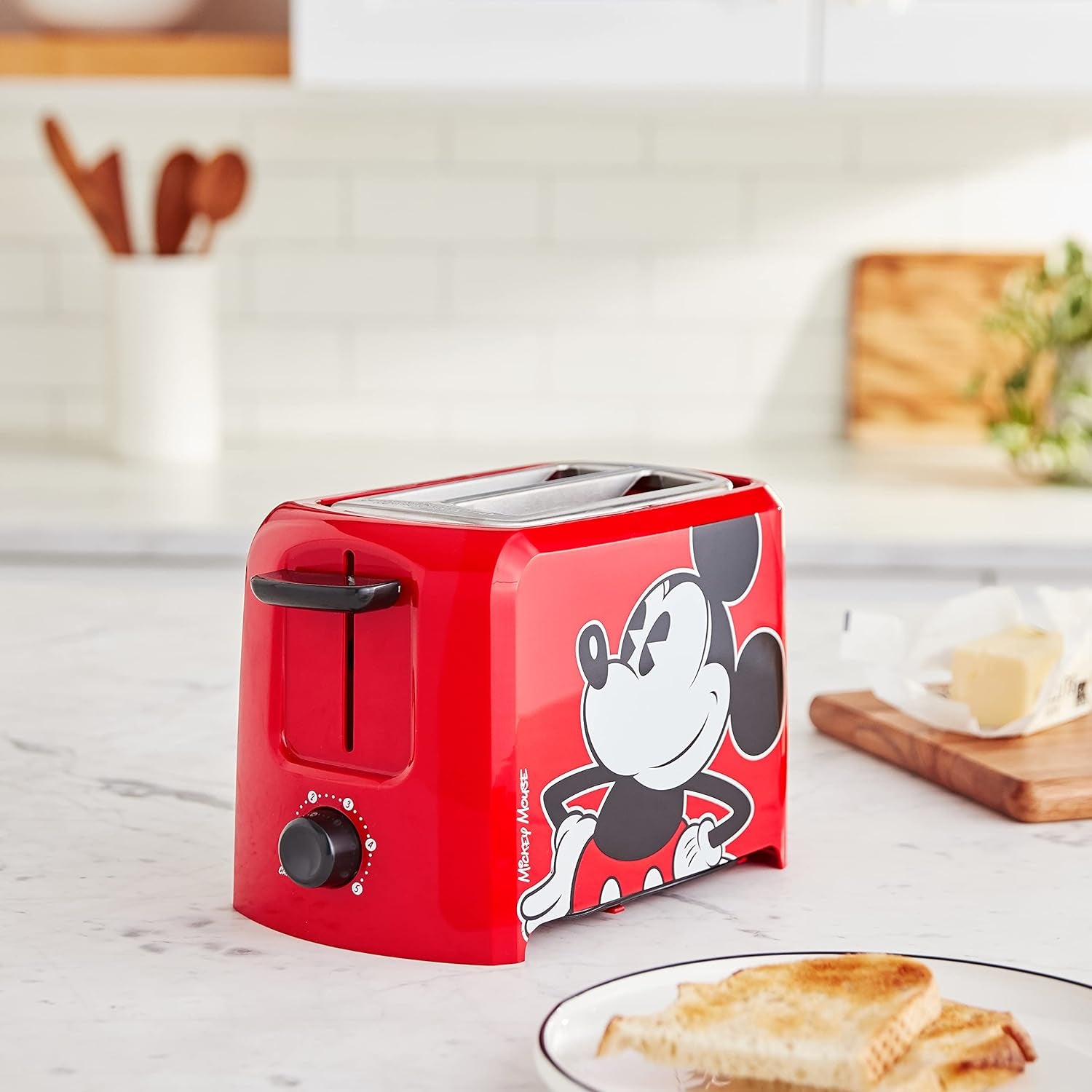 Mickey Mouse 2-Slice Toaster by Select Brands - Mickey Mouse Toaster for  Kitchen Accessories - Features Crumb Tray & High Rise Toast Lift - Gift for  Lovers - Red