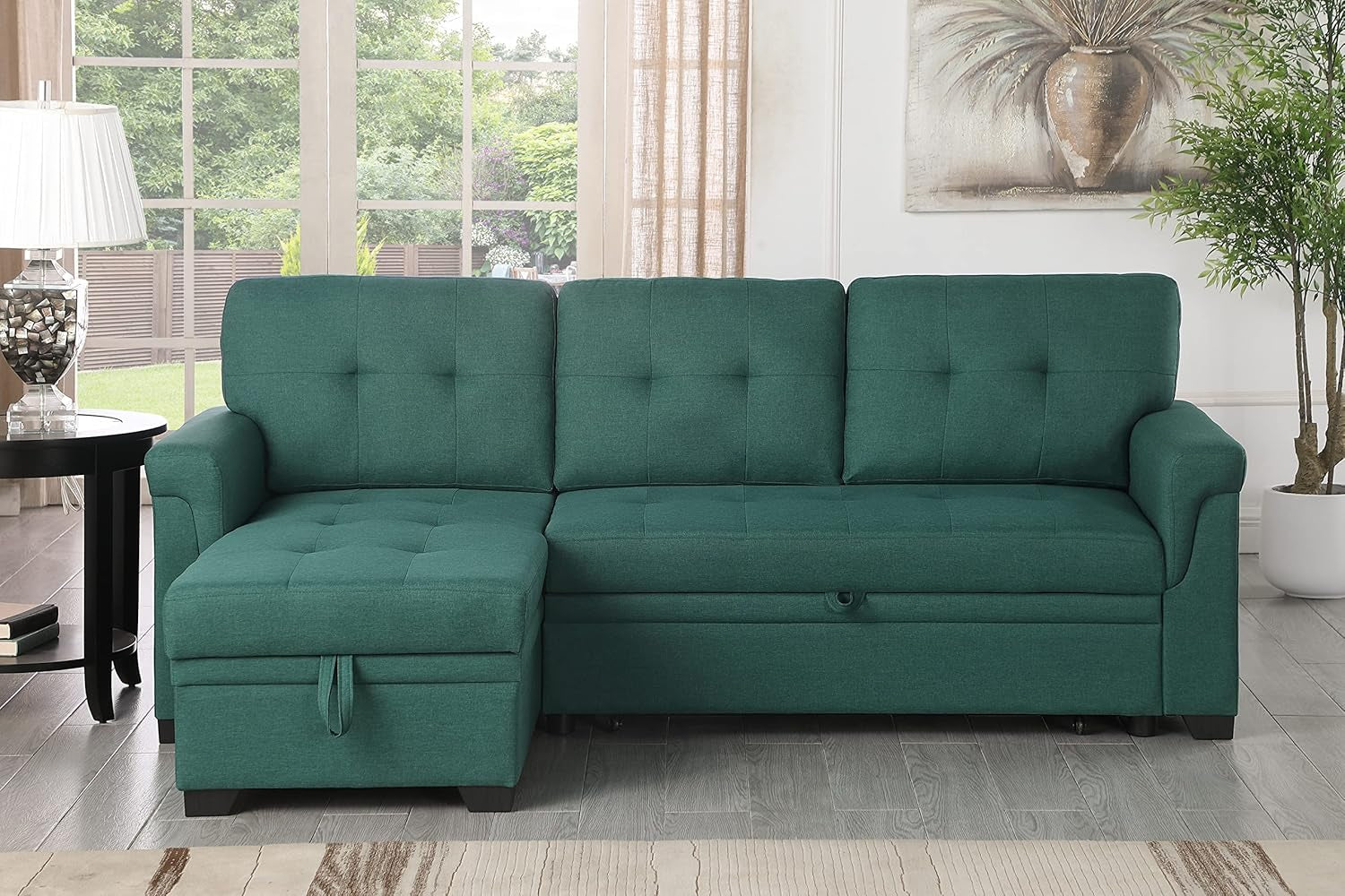 Lucca Green Linen Reversible Sleeper Sectional Sofa with Storage Chaise