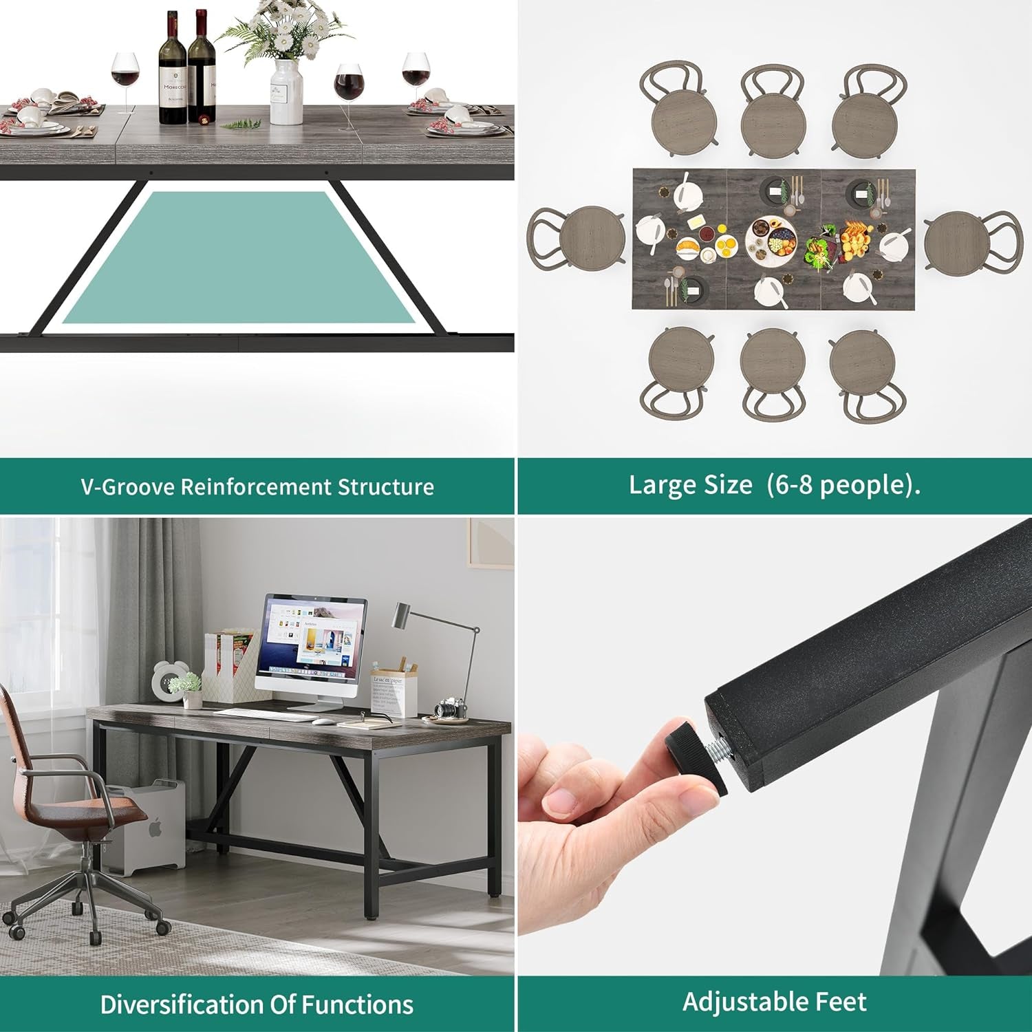 70.8" Large Kitchen Dining Room Table for 6-8 People, Rustic Grey Farmhouse Industrial Wood Style Rectangle Apartment Dinning Room Dinette Tables for Eating Dinner - Design By Technique